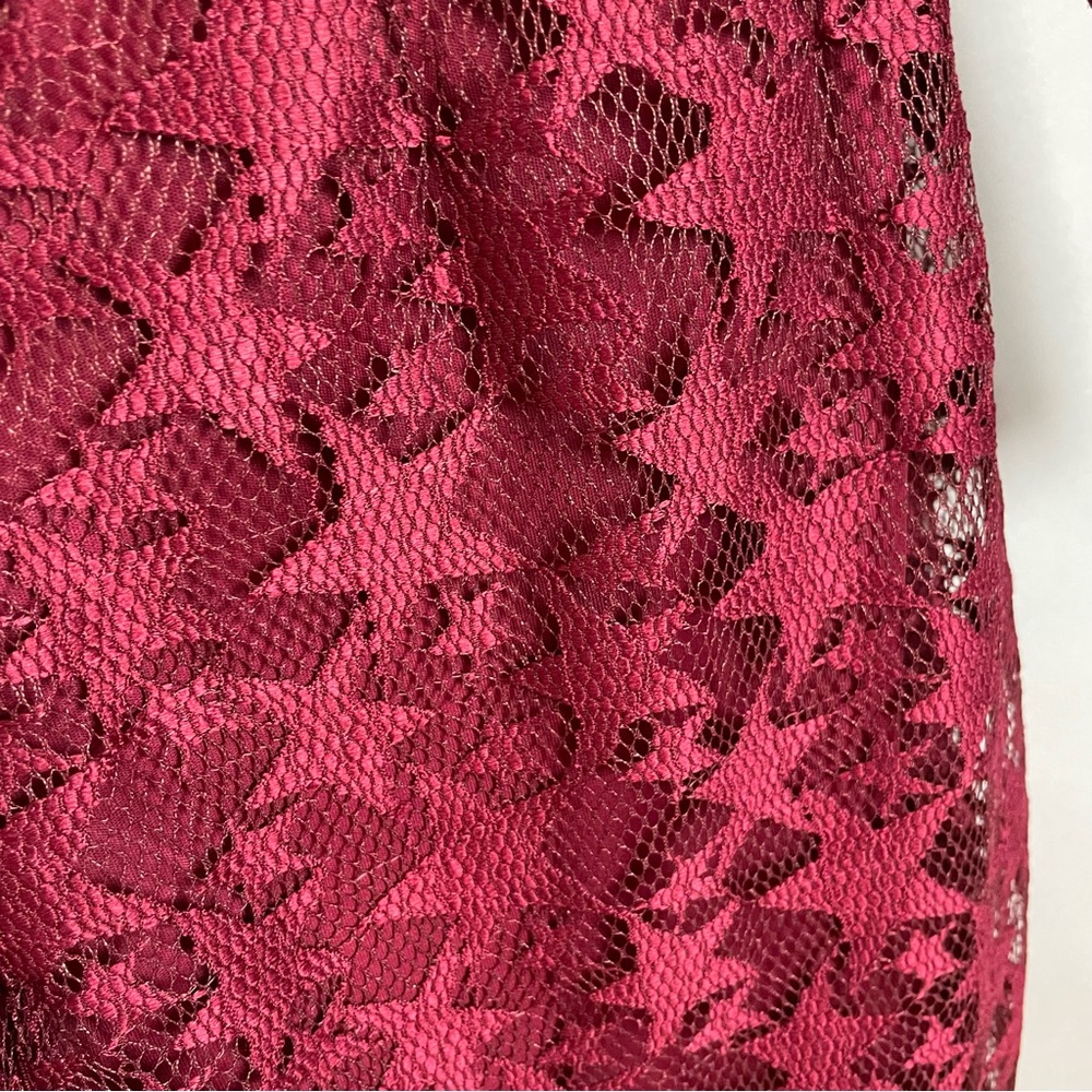 Betsey Johnson Dress Red Star Lace Sheath Illusion Long Sleeve Sheer Maroon 12 - Picture 13 of 14